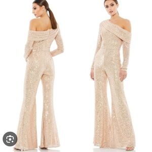 Keens Mac Duggal disco 70s jumpsuit sequins gold off shoulder formal 12